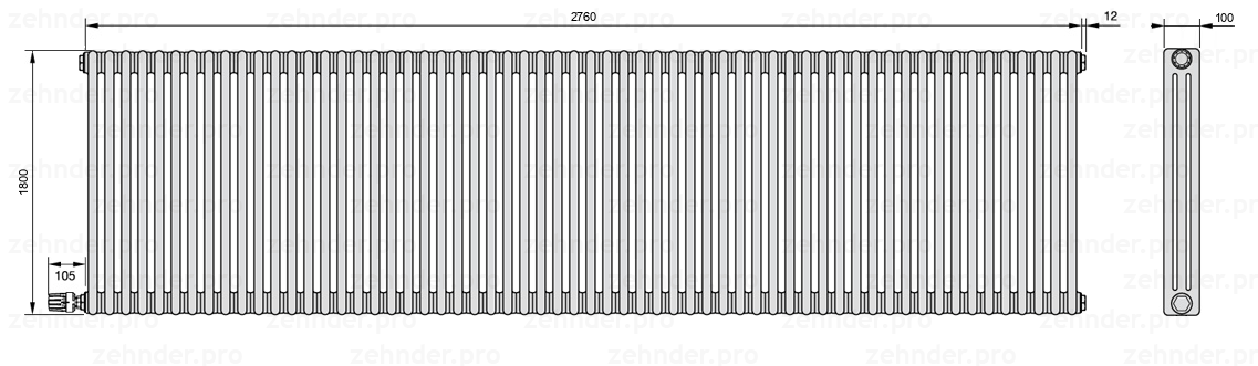 Схема (чертеж) Радиатор Zehnder Charleston 3180/60 №V004 Белый глянцевый RAL 9016